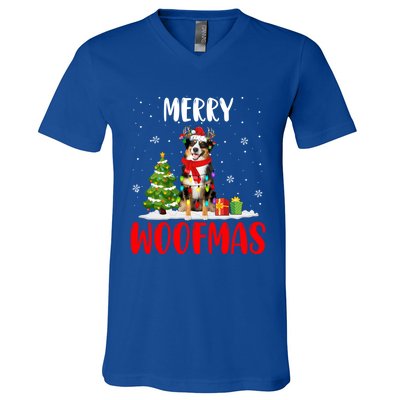 Merry Xmas Woofmas Santa Reindeer Australian Shepherd Dog Great Gift V-Neck T-Shirt