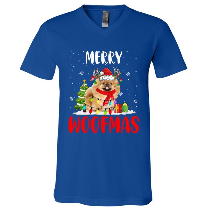 Merry Xmas Woofmas Xmas Lights Santa Reindeer Pekingese Dog Gift V-Neck T-Shirt