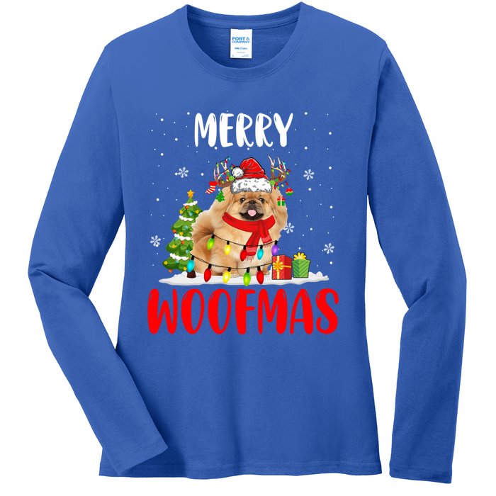 Merry Xmas Woofmas Xmas Lights Santa Reindeer Pekingese Dog Gift Ladies Long Sleeve Shirt