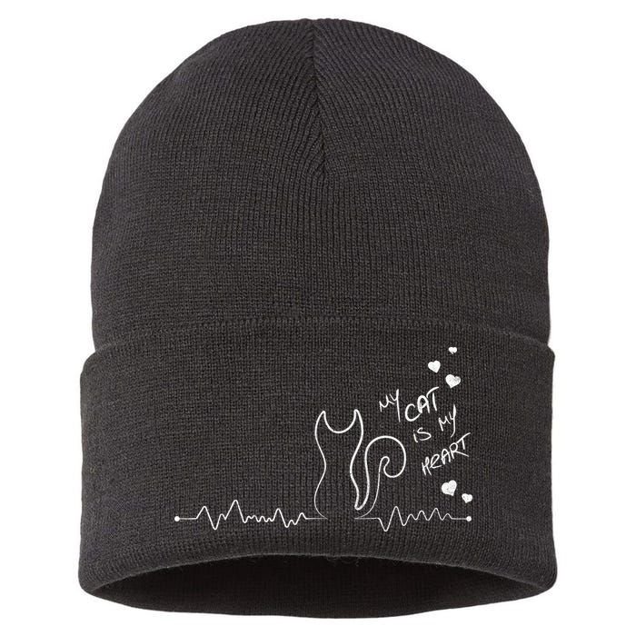 My Cat Is My heart Pulse Sustainable Knit Beanie