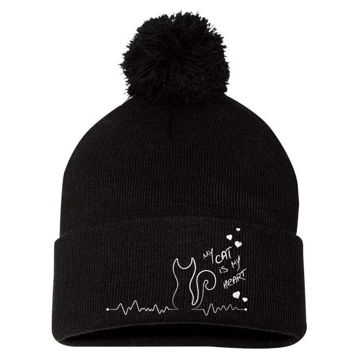 My Cat Is My heart Pulse Pom Pom 12in Knit Beanie
