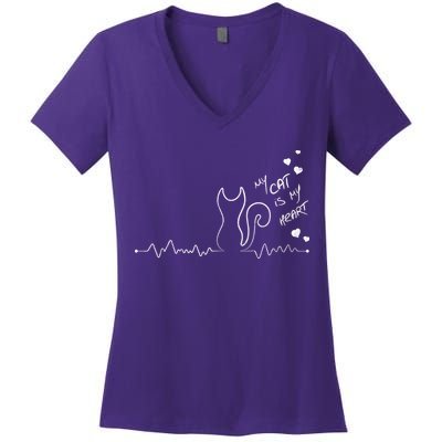 My Cat Is My heart Pulse Women's V-Neck T-Shirt