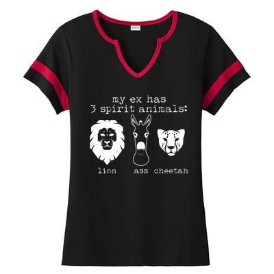 My Ex Has Three Spirit Animals Lion Ass Cheetah Ladies Halftime Notch Neck Tee