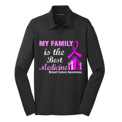 My Family Is The Best Medicine Breast Cancer Awareness Silk Touch Performance Long Sleeve Polo