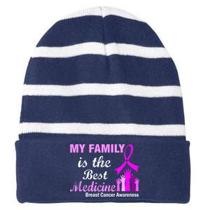 My Family Is The Best Medicine Breast Cancer Awareness Striped Beanie with Solid Band