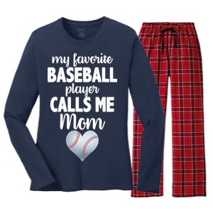 My Favorite Baseball Player Calls Me Mom Women's Long Sleeve Flannel Pajama Set 