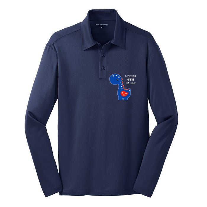 My First 4th of July Cute Dinosaur Silk Touch Performance Long Sleeve Polo