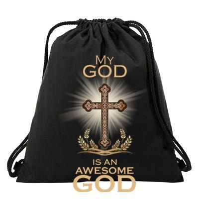 My God Is An Awesome God Vintage Cross Drawstring Bag