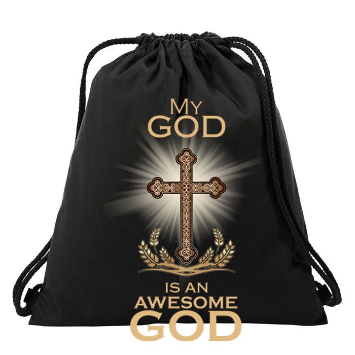 My God Is An Awesome God Vintage Cross Drawstring Bag