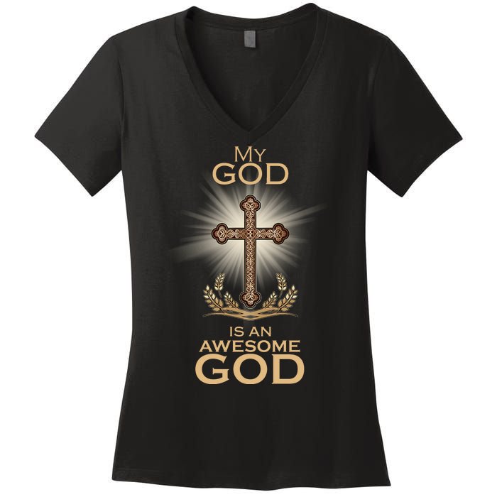 My God Is An Awesome God Vintage Cross Women's V-Neck T-Shirt