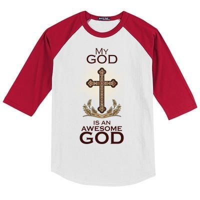 My God Is An Awesome God Vintage Cross Kids Colorblock Raglan Jersey