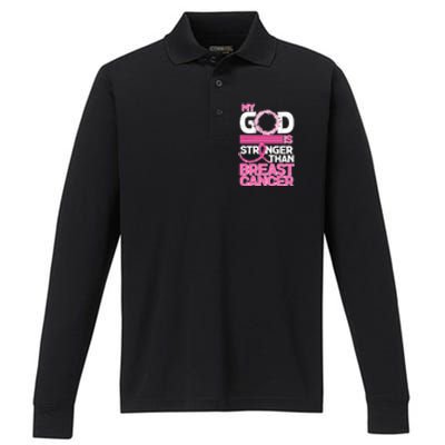 My God Is Stronger Than Breast Cancer Awareness Performance Long Sleeve Polo