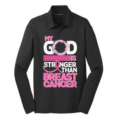 My God Is Stronger Than Breast Cancer Awareness Silk Touch Performance Long Sleeve Polo