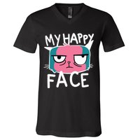 My Happy Cat Face Grumpy V-Neck T-Shirt