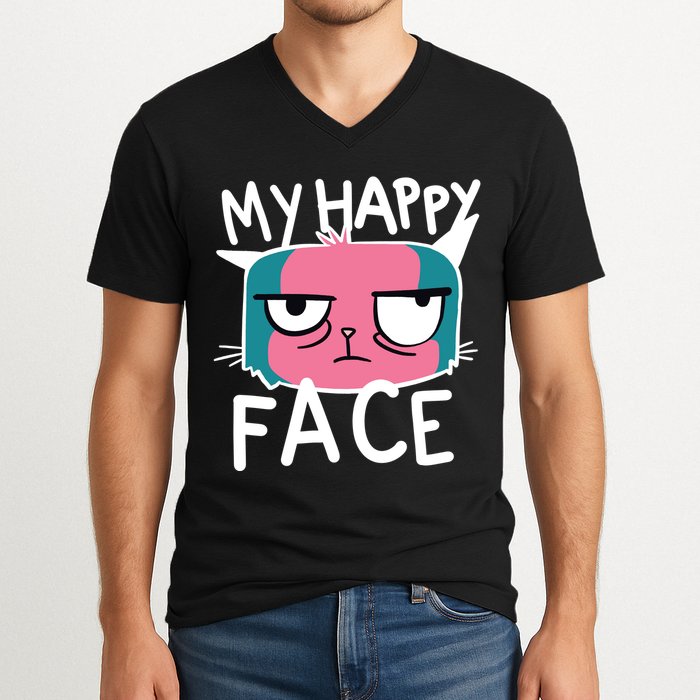 My Happy Cat Face Grumpy V-Neck T-Shirt