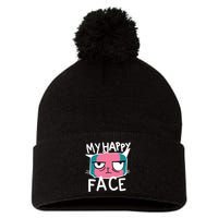 My Happy Cat Face Grumpy Pom Pom 12in Knit Beanie