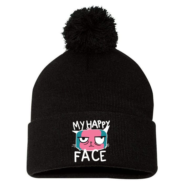 My Happy Cat Face Grumpy Pom Pom 12in Knit Beanie