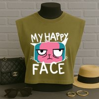 My Happy Cat Face Grumpy Garment-Dyed Women's Muscle Tee