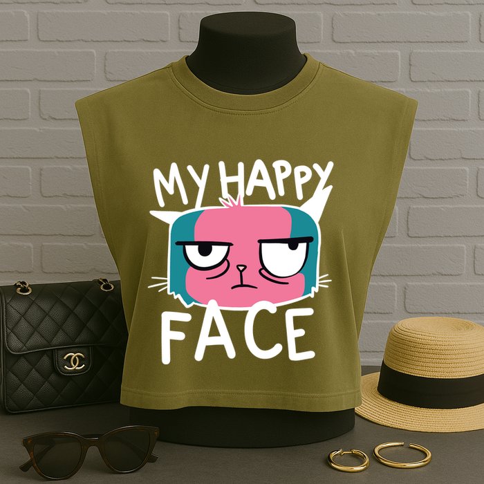 My Happy Cat Face Grumpy Garment-Dyed Women's Muscle Tee