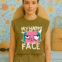 My Happy Cat Face Grumpy Garment-Dyed Women's Muscle Tee