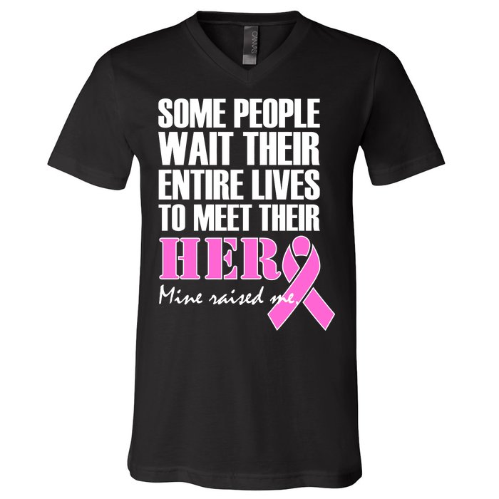 My Hero Raised Me Breast Cancer Awareness V-Neck T-Shirt