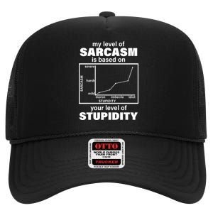 My Level Of Sarcasm Depends On Your Level Of Stupidity High Crown Mesh Back Trucker Hat