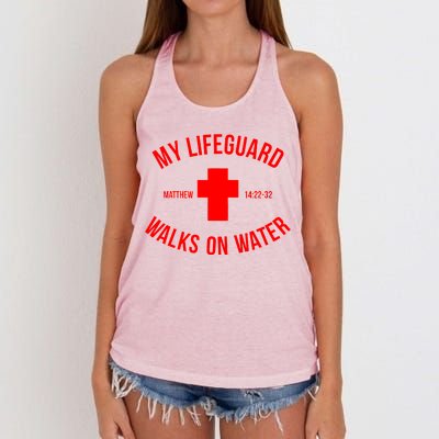 My Lifeguard Walks on Water - Matthew 14:22-32 Jesus Cross Women's Knotted Racerback Tank