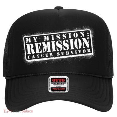 My Mission Remission Cancer Survivor Stamp High Crown Mesh Back Trucker Hat