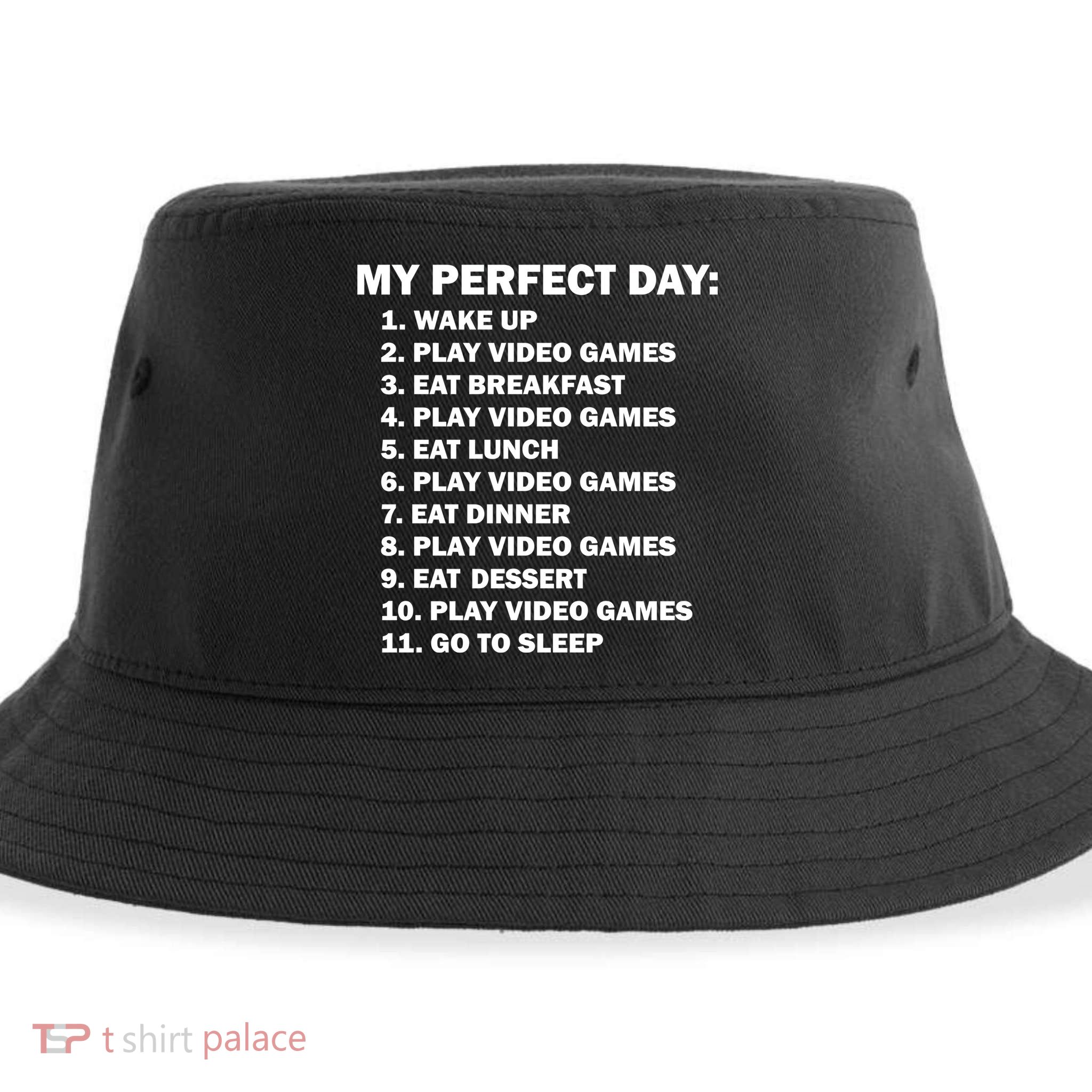My Perfect Day Sleep Eat Play Video Games Sustainable Bucket Hat