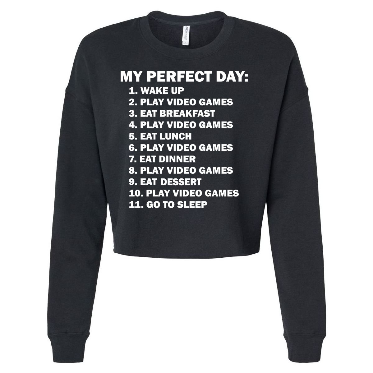 My Perfect Day Sleep Eat Play Video Games Cropped Pullover Crew