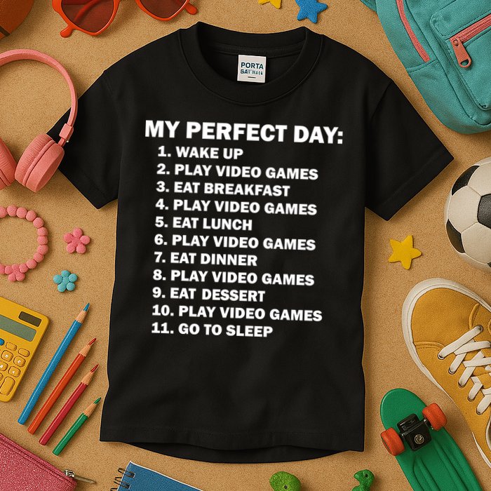 My Perfect Day Sleep Eat Play Video Games Kids T-Shirt