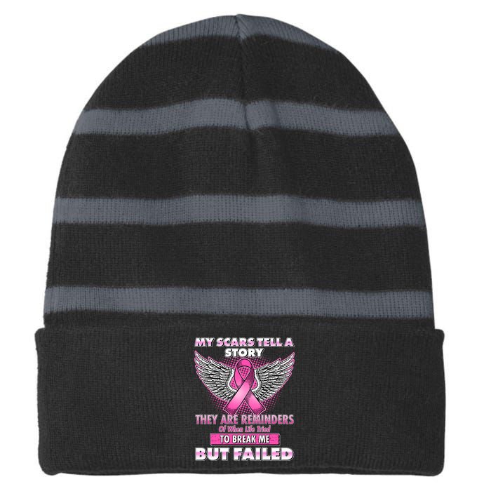 My Scars Tell A Story Breast Cancer Awareness Striped Beanie with Solid Band