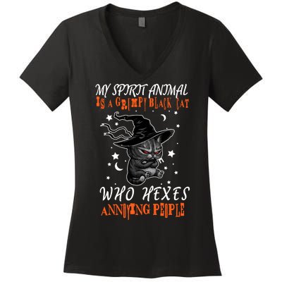 My Spirit Animal Is A Grumpy Black Cat That Hexes Annoying People Women's V-Neck T-Shirt