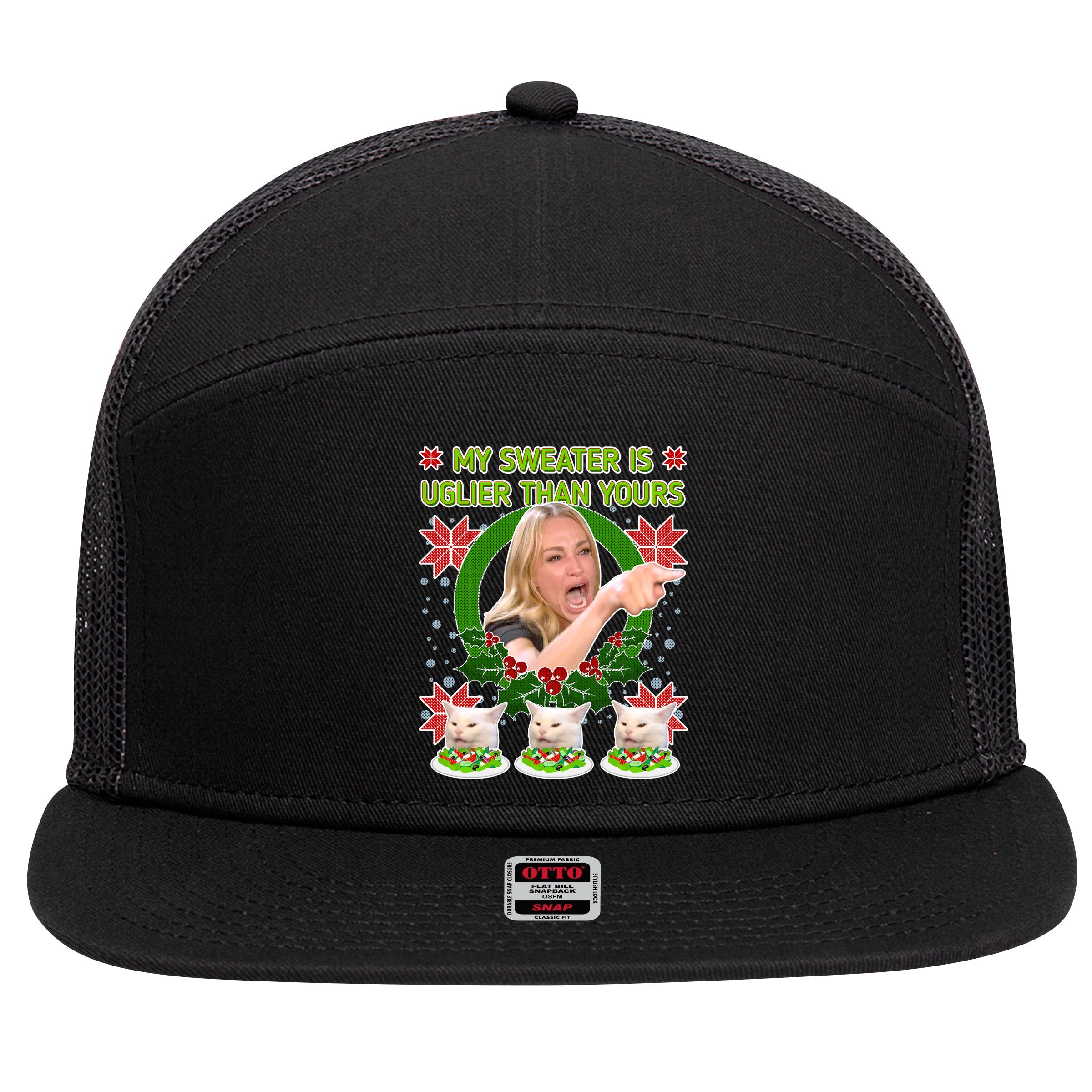 My Sweater Is Uglier Than Yours Yelling Cat Meme  7 Panel Mesh Trucker Snapback Hat
