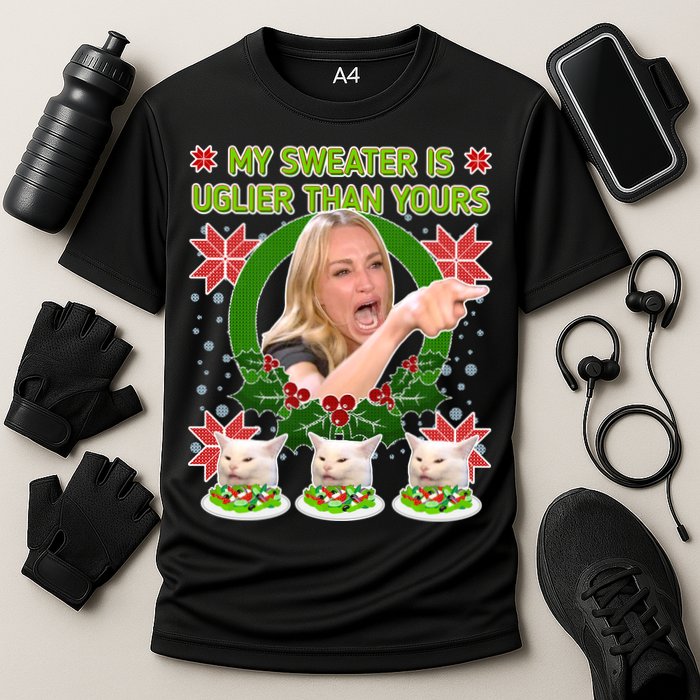 My Sweater Is Uglier Than Yours Yelling Cat Meme  Cooling Performance Crew T-Shirt