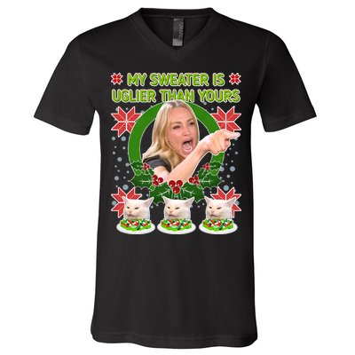 My Sweater Is Uglier Than Yours Yelling Cat Meme  V-Neck T-Shirt