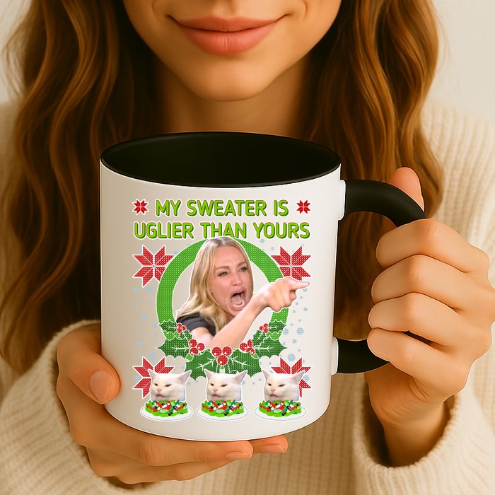 My Sweater Is Uglier Than Yours Yelling Cat Meme  Mug