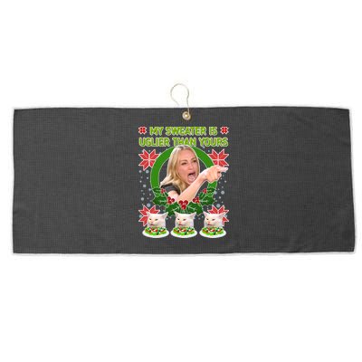 My Sweater Is Uglier Than Yours Yelling Cat Meme  Large Microfiber Waffle Golf Towel