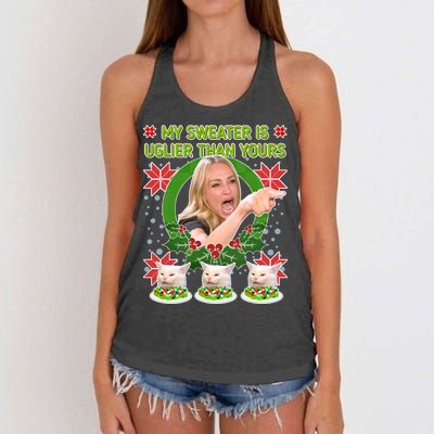 My Sweater Is Uglier Than Yours Yelling Cat Meme  Women's Knotted Racerback Tank