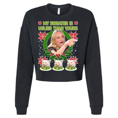 My Sweater Is Uglier Than Yours Yelling Cat Meme  Cropped Pullover Crew