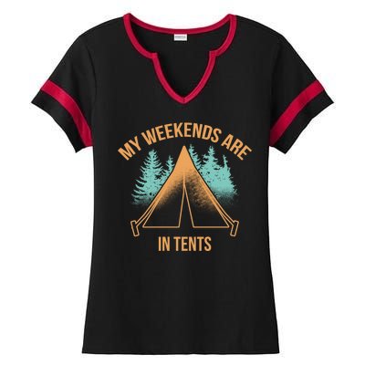 My Weekends Are In Tents Ladies Halftime Notch Neck Tee