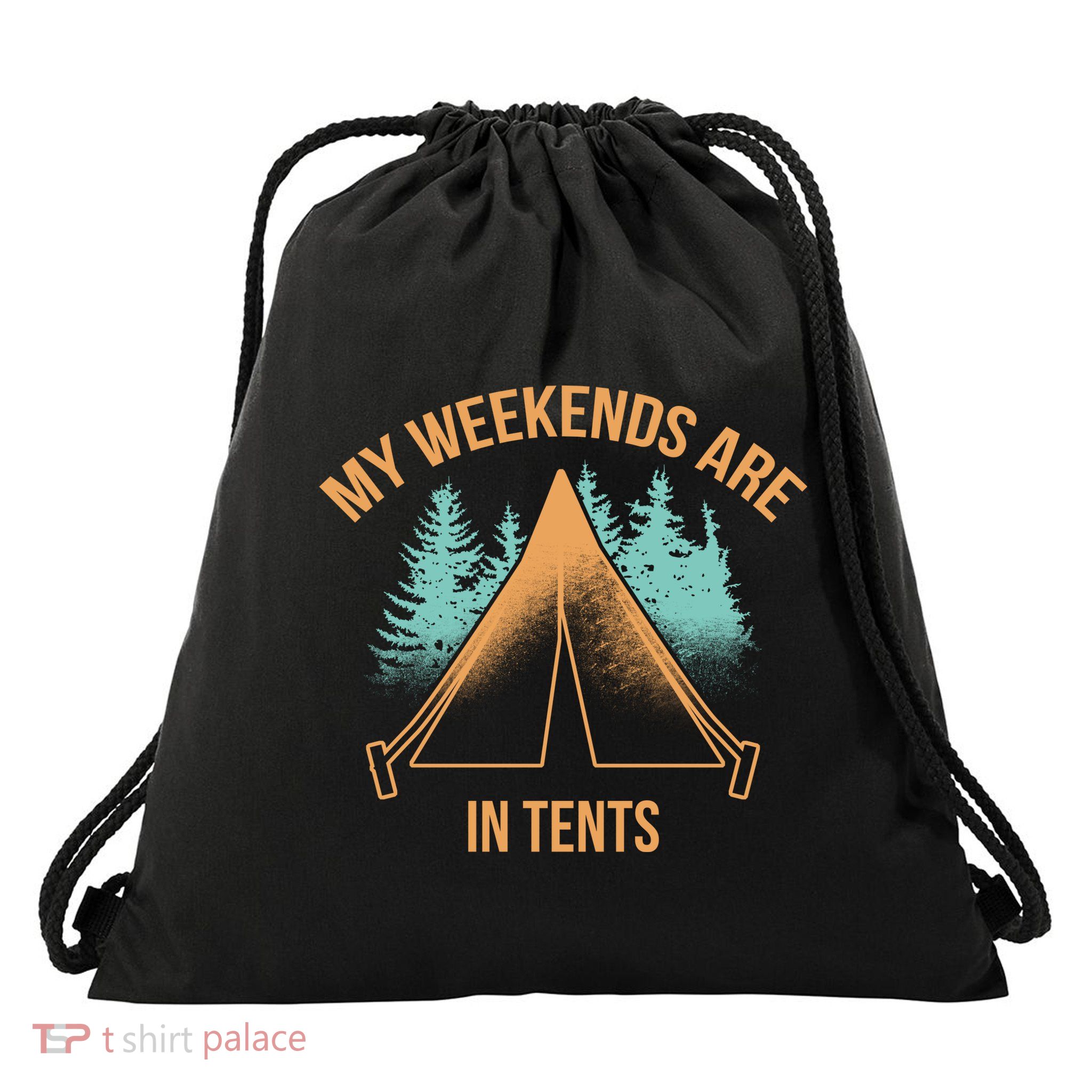 My Weekends Are In Tents Drawstring Bag