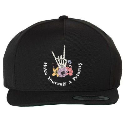 Make Yourself A Priority Cute Skeleton Hand Rock On Flowers Wool Snapback Cap