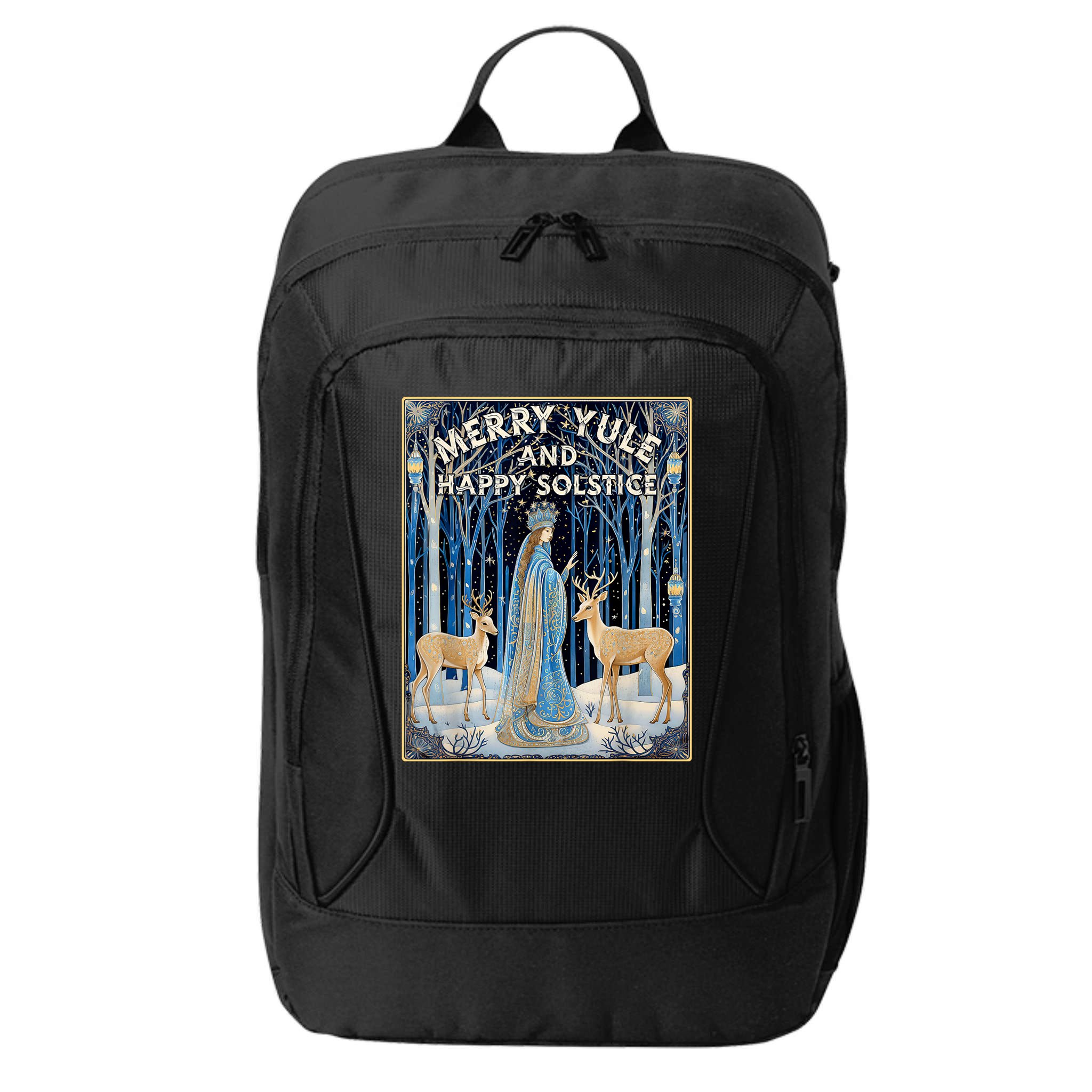 Merry Yule And Happy Winter Solstice Deer Christmas Gothic City Backpack