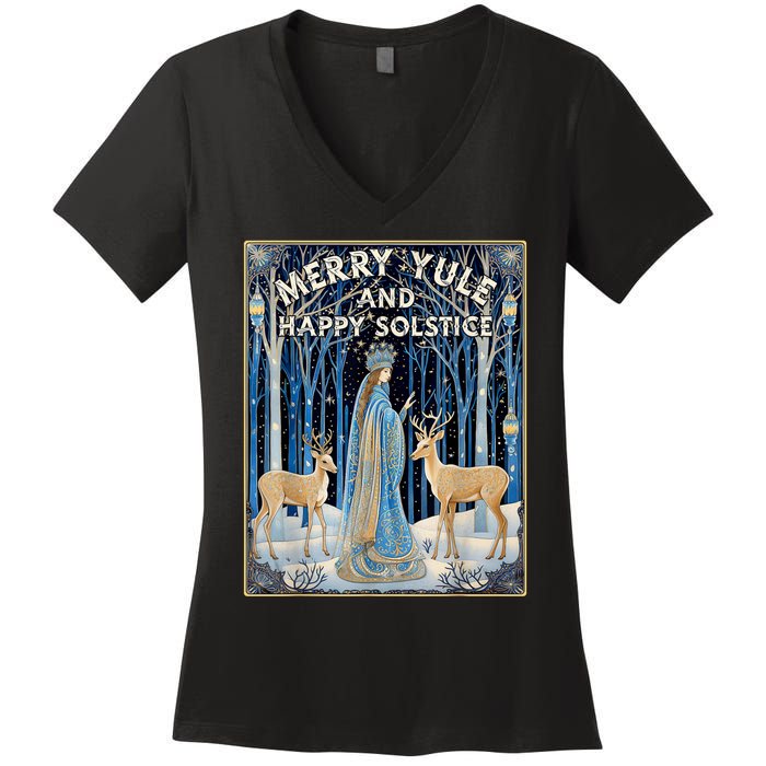 Merry Yule And Happy Winter Solstice Deer Christmas Gothic Women's V-Neck T-Shirt