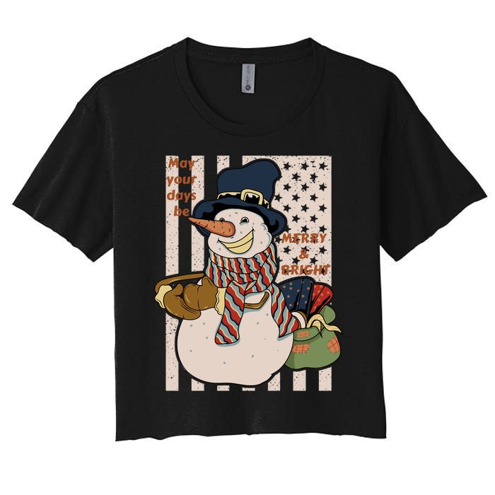 May Your Days Be Merry And Bright Happy Snowman Christmas Hoodie Women's Crop Top Tee