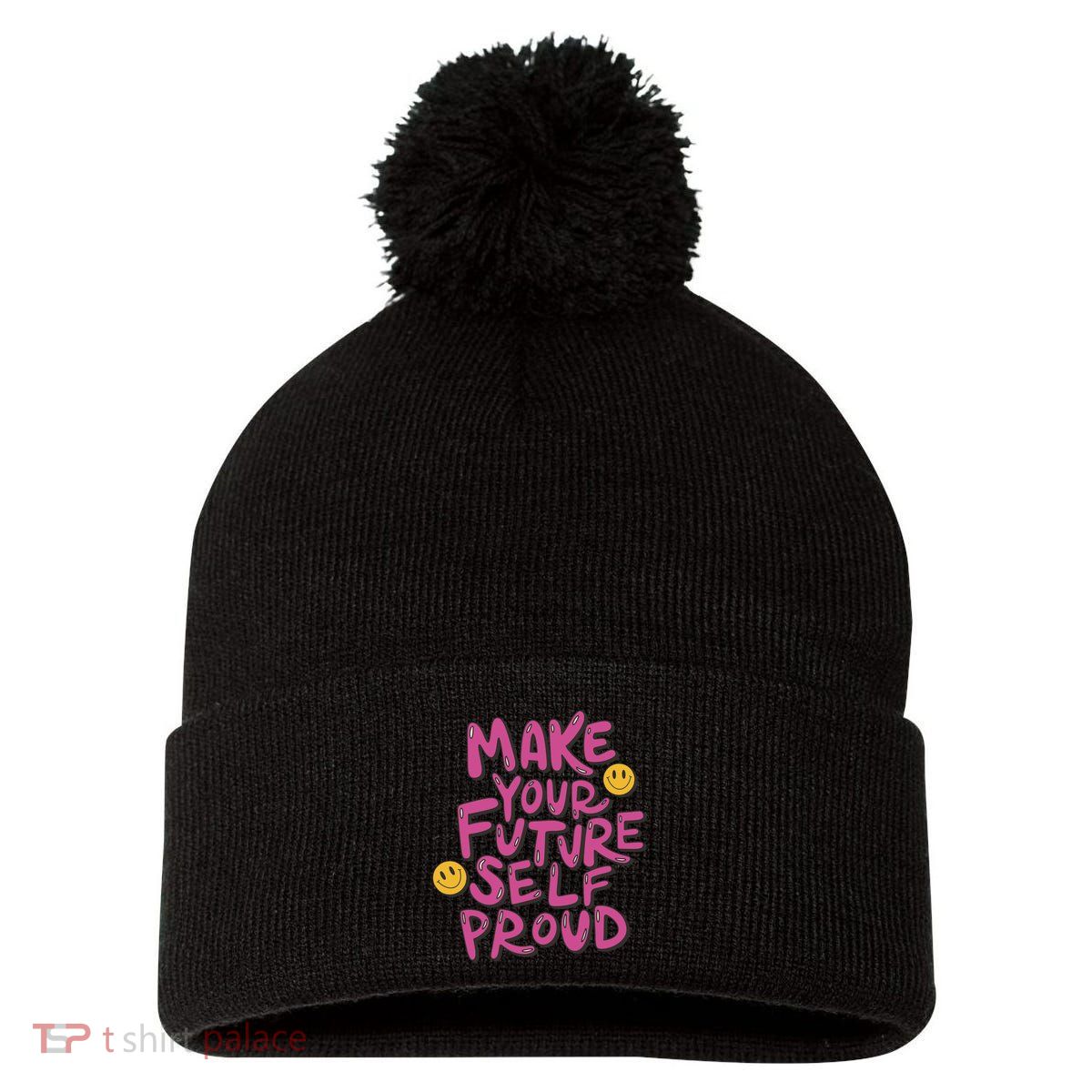 Make Your Future Self Proud Smiley Pom Pom 12in Knit Beanie