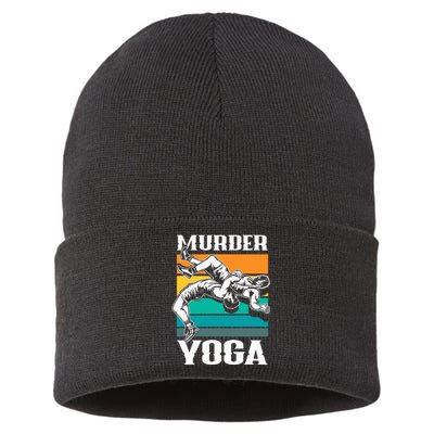 Murder Yoga Funny Retro Vintage Wrestler Wrestling Sustainable Knit Beanie