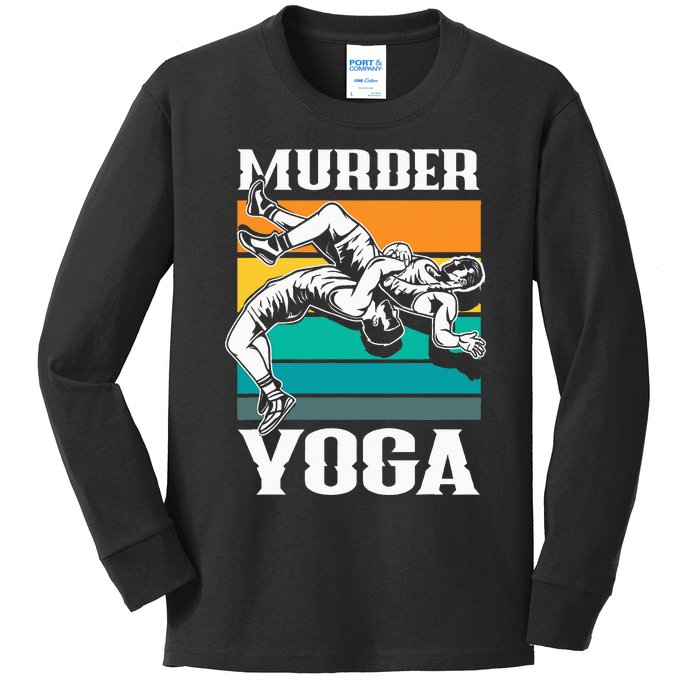 Murder Yoga Funny Retro Vintage Wrestler Wrestling Kids Long Sleeve Shirt