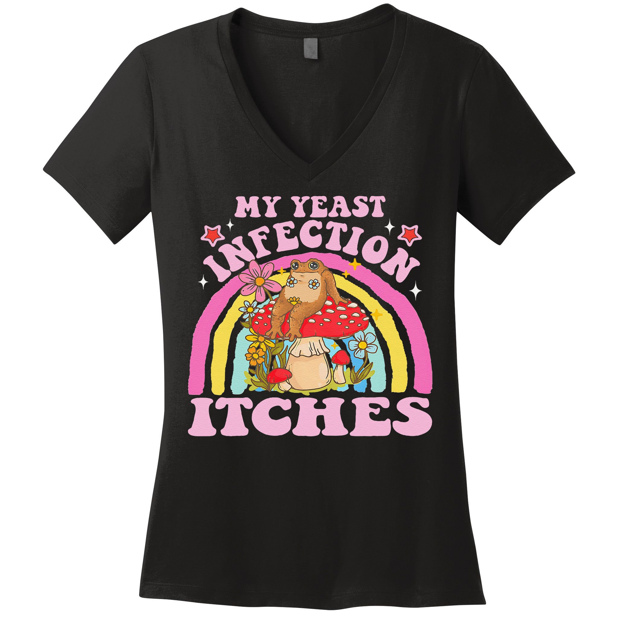 My Yeast Infection Itches Funny Mushroom Frog Meme Humor Women's V-Neck T-Shirt